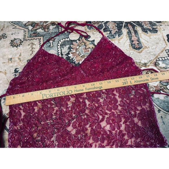 Vintage Hand Beaded y2k Open Back Tie Top Crop Pink Floral Halter Tank Medium - Picture 13 of 16